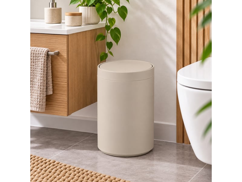  Poubelle ronde de salle de bain à couvercle basculant en polypropylène finition mate, capacité 5l,coloris beige - longueur 18 x profondeur 18 x hauteur 27 cm  - Conforama B