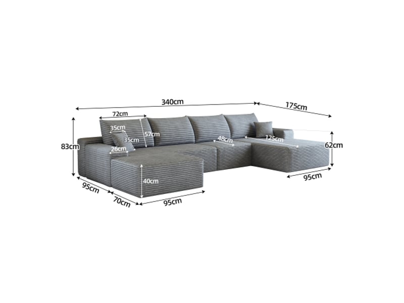 Canapé d'angle modulable 340 cm en l - chaise-longue moderne, gris, assise profonde, sans montage, salon et chambre - Conforama C