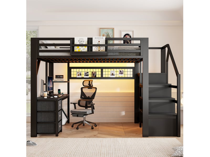  Lit mezzanine 140x200 cm en métal noir avec bureau, rangements et led  - Conforama B