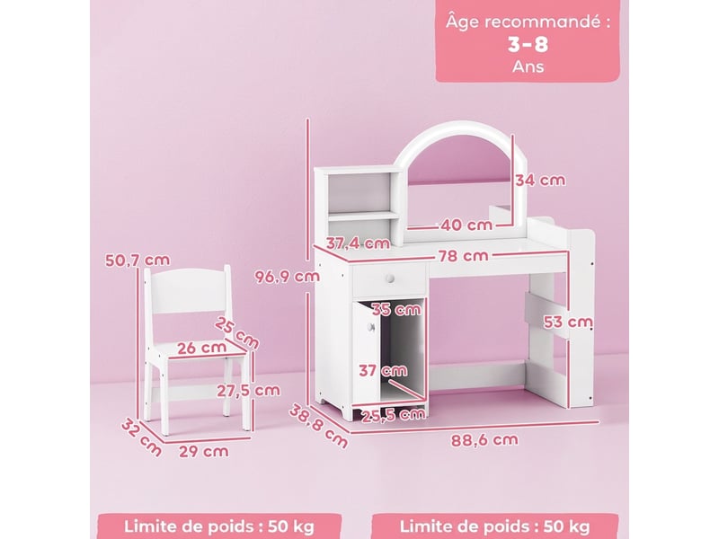 Coiffeuse pour enfants avec tabouret et miroir led, table de maquillage pour 3 à 8 ans, 88,6 x 38,8 x 96,9 cm, blanc - Conforama C