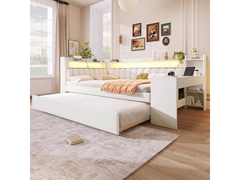  Lit capitonné 140x200 blanc, lit avec led et port usb, bureau intégré  - Conforama C