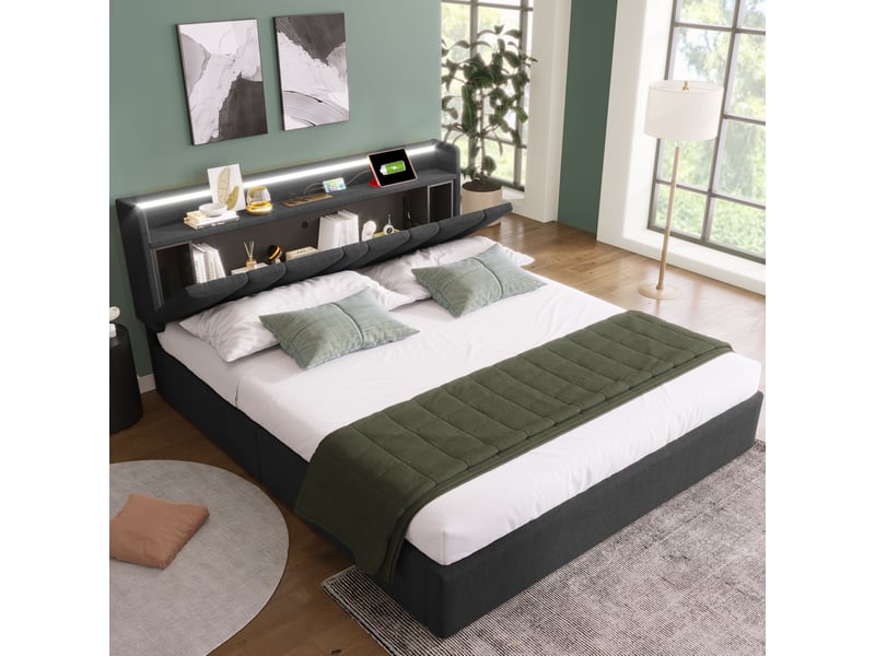  Lit coffre 160 × 200 cm 2 places avec led rgbw, prises, usb et type-c, matelas inclus, tissu gris  - Conforama C