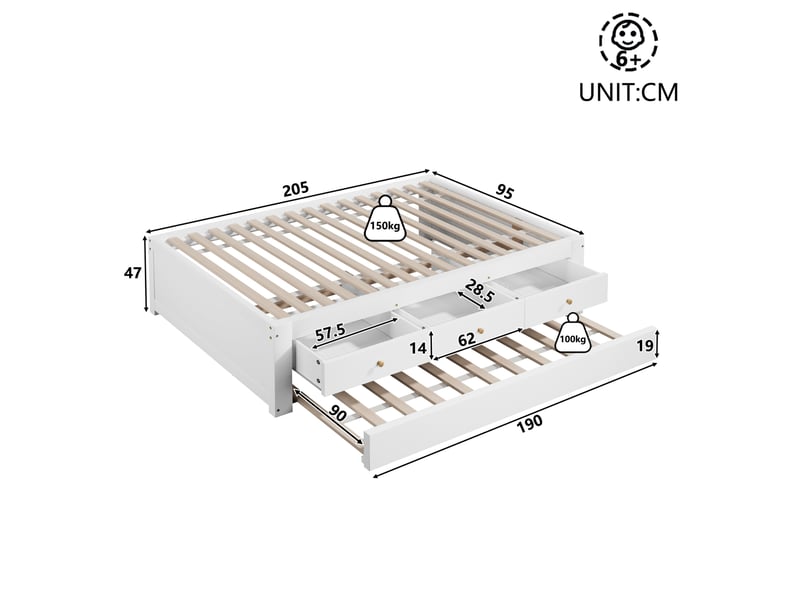  Lit gigogne 90x200 cm avec 3 tiroirs en mdf et pin blanc  - Conforama E