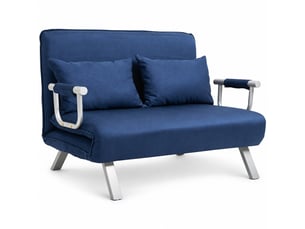 Canapé 2 places, transformable en lit, dossier réglable, avec coussins, en velours, coloris bleu, l111 x p80 x h78 cm