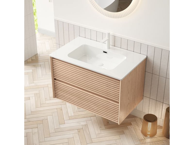  Meuble sous vasque - bron - 81cm - céramique blanche - finition noyer - 2 tiroirs 81x46.5x51.5cm - Conforama C