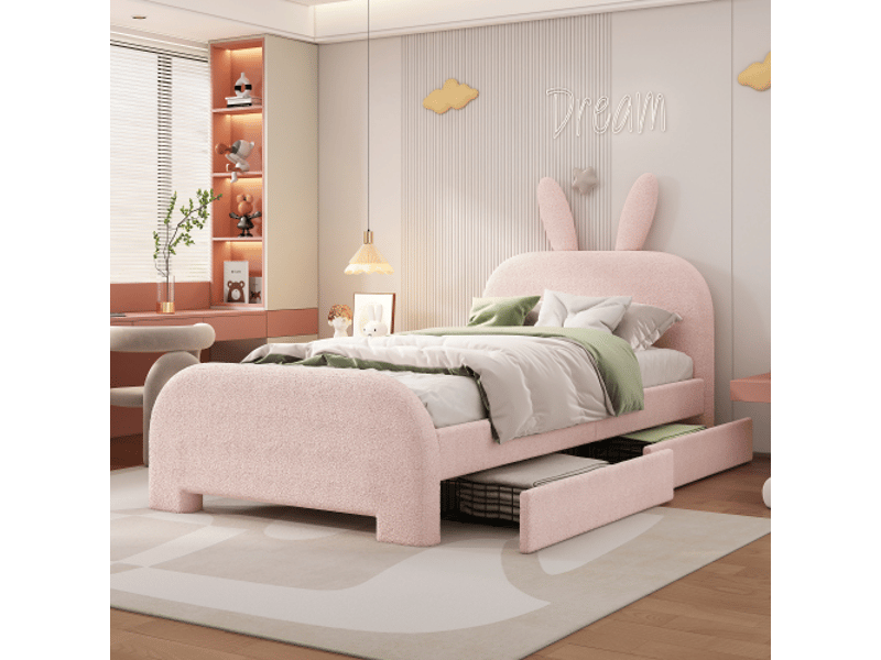  Lit enfant capitonné rose 90x200 cm lapin avec 2 tiroirs – rangement  - Conforama B