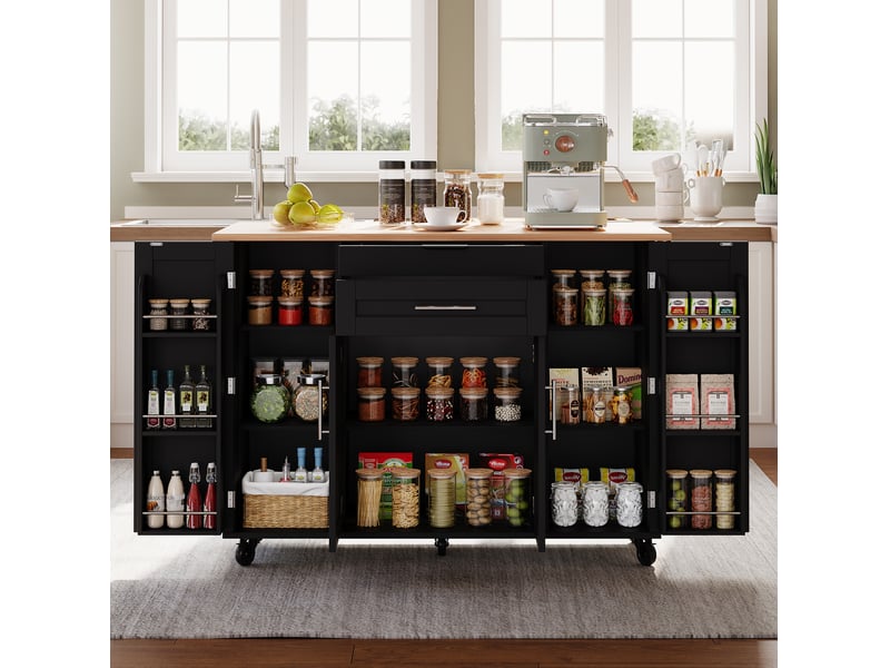  Desserte de cuisine 136 x 70 x 92 cm noir et naturel en mdf, plateau extensible sur roulettes avec rangement  - Conforama B