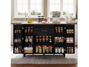 Desserte de cuisine 136 x 70 x 92 cm noir et naturel en mdf, plateau extensible sur roulettes avec rangement