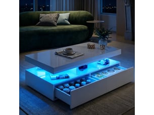Table basse fixe able – basse laquée blanc – table basse led avec 2 grand tiroir de rangement et compartiment – grand espace de rangement