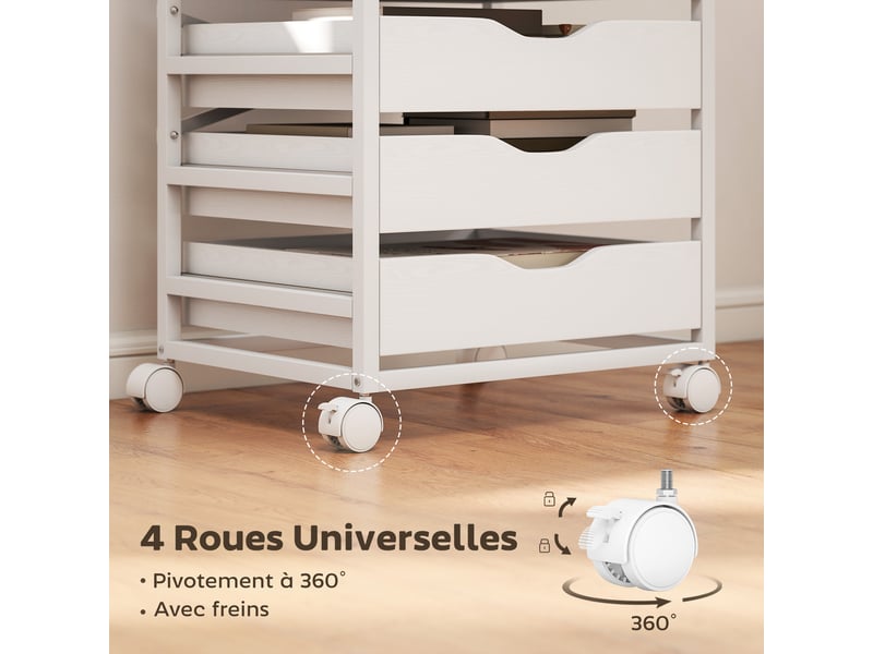  Caisson bureau mobile, meuble rangement sur roulettes bois avec 5 tiroirs, poignées encochées, 50 x 40 x 74,5 cm , blanc  - Conforama E