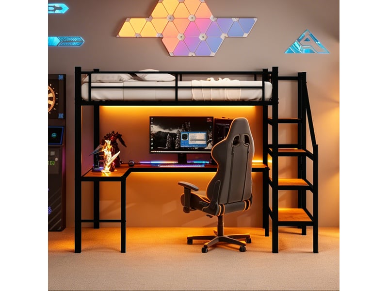  Lit mezzanine 90x190 cm avec bureau en l, rangements et structure métallique noire  - Conforama E