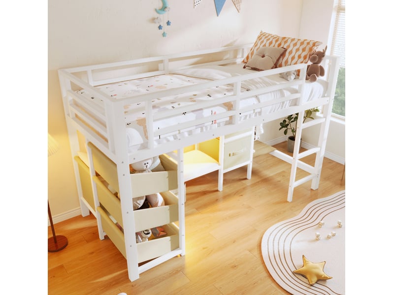  Lit mi-hauteur enfant 90x200 cm, tiroir et poche de rangement, éclairage led, coussin d’assise, coloris blanc, métal, sans matelas  - Conforama D