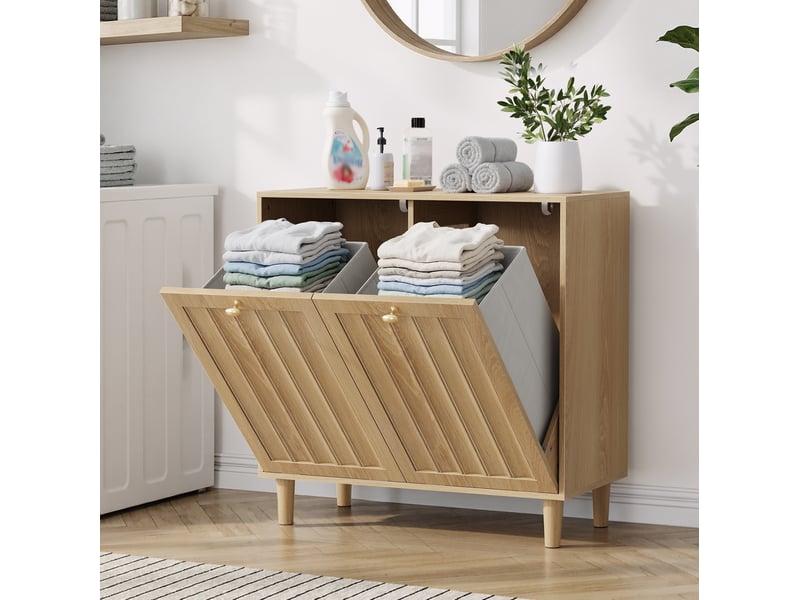  Meuble de rangement à linge avec 2 paniers amovibles et 2 compartiments, en mdf, pour salle de bain, chêne  - Conforama C