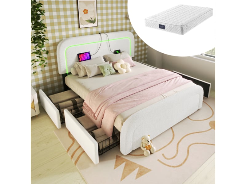  Lit tapissier 160x200 cm en sherpa avec usb type-c, led, 4 tiroirs, sommier et matelas blanc chicfurn  - Conforama B