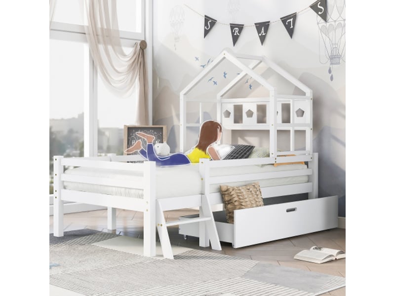  Lit cabane 90x200 cm, lit enfant avec échelle, tiroirs et sommier à lattes, en bois, blanc, sans matelas  - Conforama B