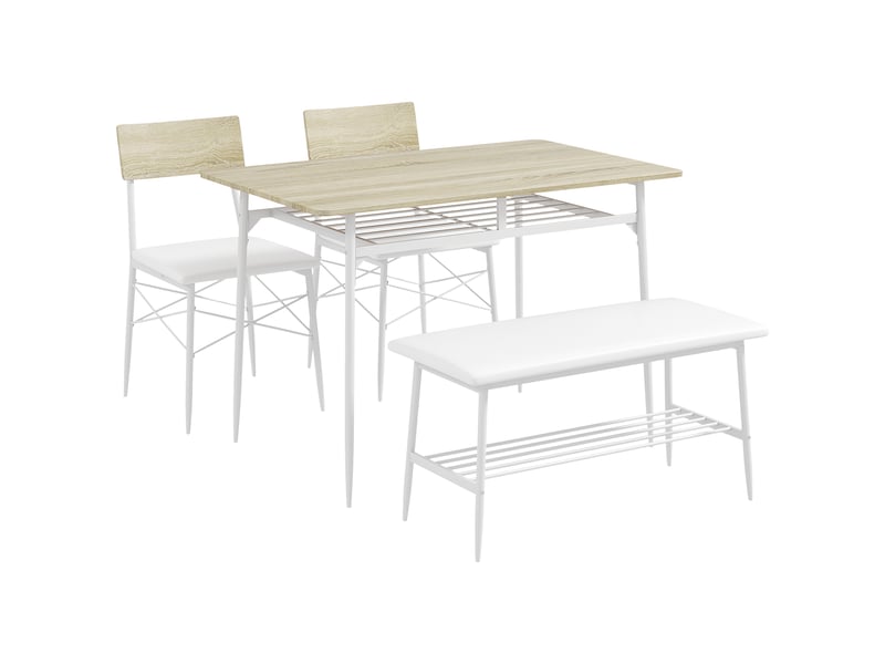  Ensemble table et chaises avec 1 table, 2 chaises et 1 banc  - rangements - acier, mdf et similicuir - chêne  - Conforama A