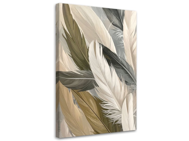  Tableau moderne, plumes d'oiseaux beiges et vert olive 40x60 1334479837 - Conforama A