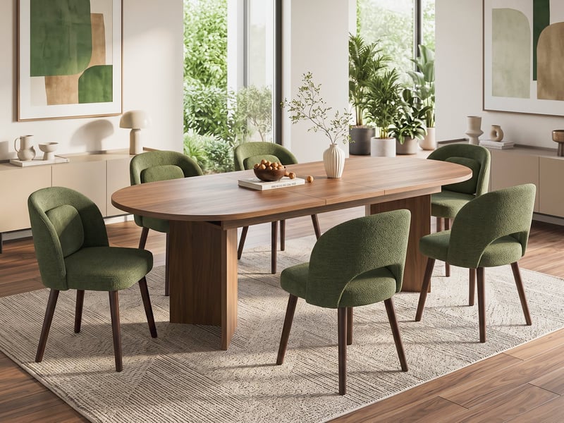 Ensemble table et 6 chaises de salle à manger, table extensible 160200 x 90 cm noyer, chaises vertes en bois d’hévéa avec coussin en mousse - Conforama B
