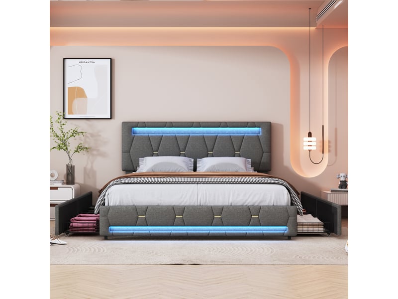  Lit double rembourré - 140x200 cm gris - led rvb variable - 4 tiroirs - tissu en lin - meuble de chambre moderne et confortable avec rangement  - Conforama D