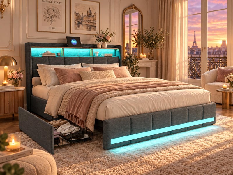  Lit avec rangement cm en cuir pu avec led et usb  - Conforama B