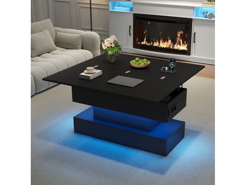 Table basse relevable avec rangement caché, prises et led, plateau réglable, pour salon, noir, 100 × 50 × 51,5 cm - Conforama B