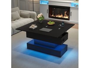 Table basse relevable avec rangement caché, prises et led, plateau réglable, pour salon, noir, 100 × 50 × 51,5 cm