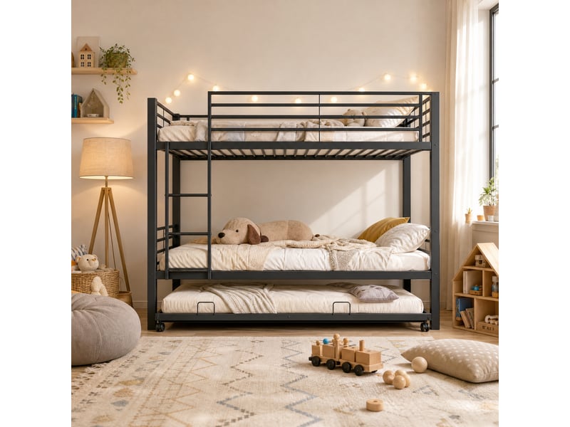  Lit superposé enfant 3 couchages 90x200 cm, lit gigogne 90x190 cm, barrières, échelle, certifié en747, métal noir Radiant Stride - Conforama D