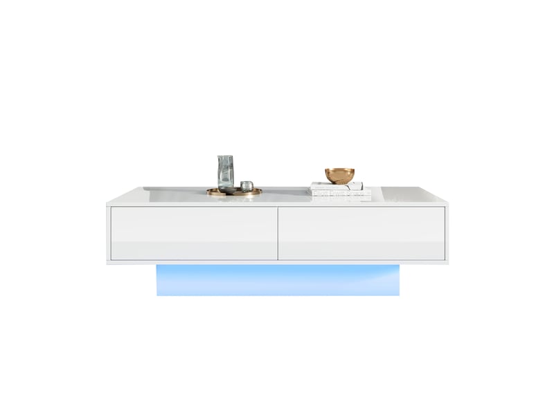  Table basse blanche brillante avec led, 115x55x34 cm, table de salon moderne avec 2 tiroirs, capacité 30 kg  - Conforama A