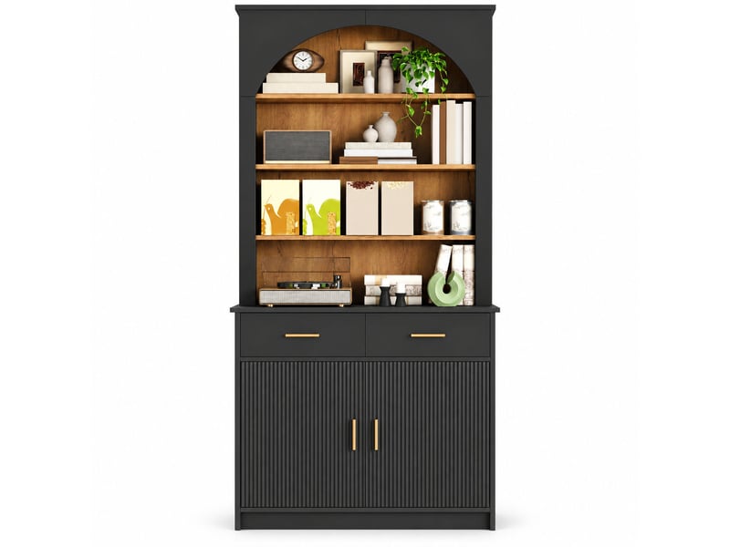 Armoire de cuisine haute 80x40x180cm, façade ondulée, 2 portes, 2 tiroirs, poignées dorées et étagères réglables, noir et bois naturel, cuisine - Conforama A
