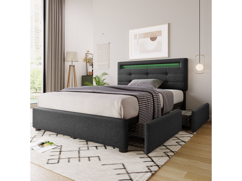 Lit enfant 90x200 cm, led, tiroirs, rangement, tête de lit réglable, sommier, lin gris, sans matelas - Conforama B