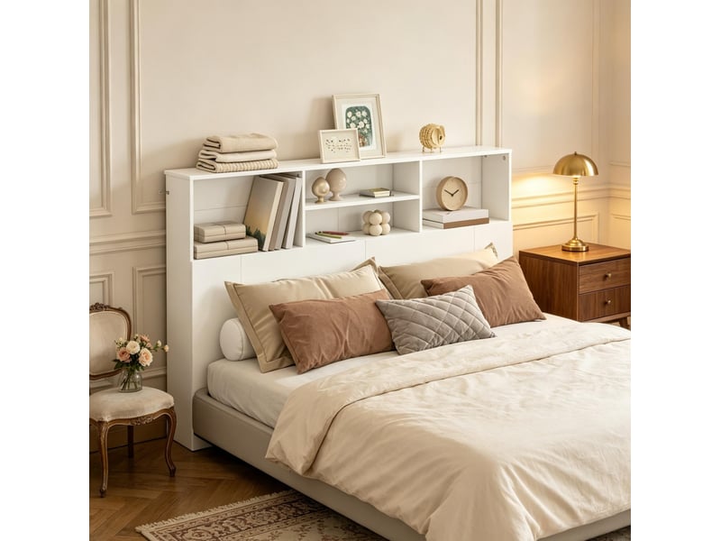  Tête de lit 140 cm blanche avec 4 niches de rangement en mdf et panneau de particules  - Conforama E