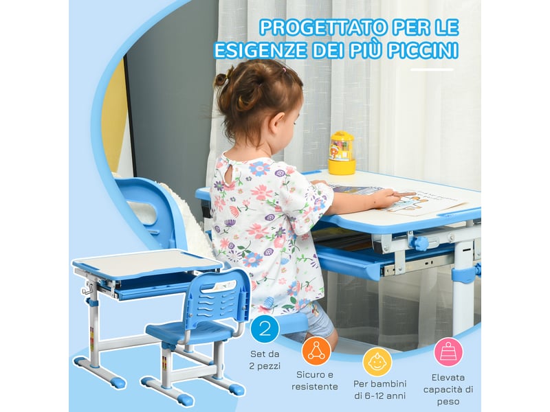  Bureau enfant pour 6-12 ans avec chaise réglable, tiroir et plateau inclinable, 66 x 47 x 52-77 cm, bleu  - Conforama E