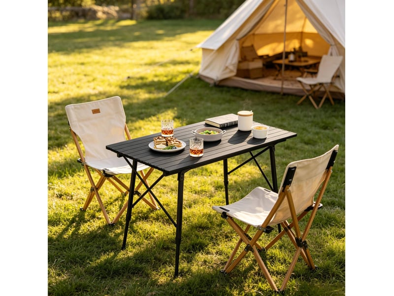  Table de camping ulevr pliante à hauteur réglable, 120 x 68,5 cm, en aluminium noir, avec sac de transport  - Conforama E