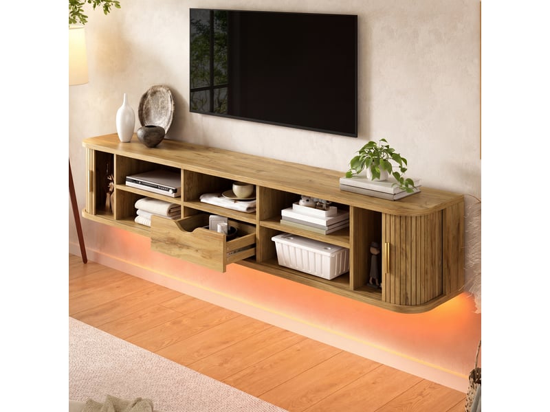 Meuble tv suspendu bois clair 175 cm led mdf - Conforama E