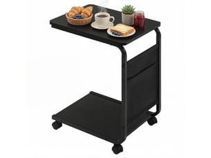Table d’appoint à roulettes avec 2 étagères et poche latérale - forme en c, bois et métal noir
