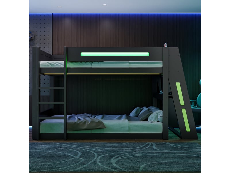  Lit superposé enfant gaming en bois 140x200 cm avec éclairage led, port usb et deux compartiments de rangement noir et vert OPULERANE TRADING LTD - Conforama C