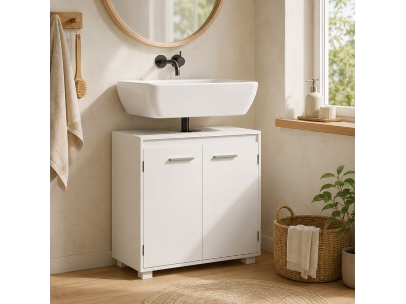  Meuble sous vasque à découpe en u avec 2 portes et étagère réglable pour salle de bain en mdf blanc 60 × 30 × 60 cm  - Conforama B