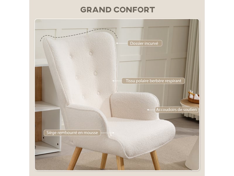  Fauteuil de salon capitonné en tissu bouclette beige 71x74x96 cm  - Conforama E