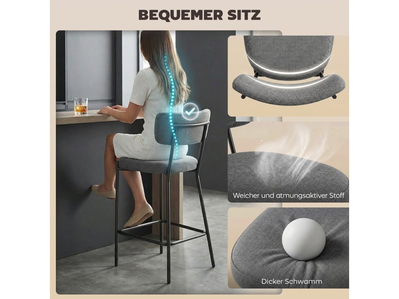  Lot de 2 tabourets de bar,49x53x93 cm,avec dossier incurvé,polyester,gris  - Conforama D