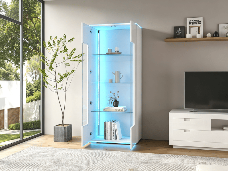  Vitrine de salon, meuble de rangement à 2 portes en acrylique, avec led, mdf, 70x40x173 cm, blanc  - Conforama B