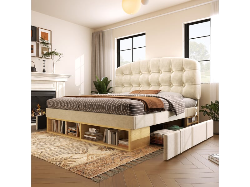  Modenvie lit simple capitonné 90x200 cm - tête de lit réglable, rangement intégré, sans matelas - beige  - Conforama D