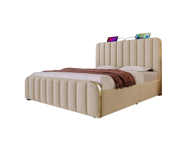 Lit double rembourré beige 180x200 cm avec tête de lit à bandes métalliques, ports usb et usb-c, 4 tiroirs de rangement, structure en métal et sommier à lattes  - Conforama E