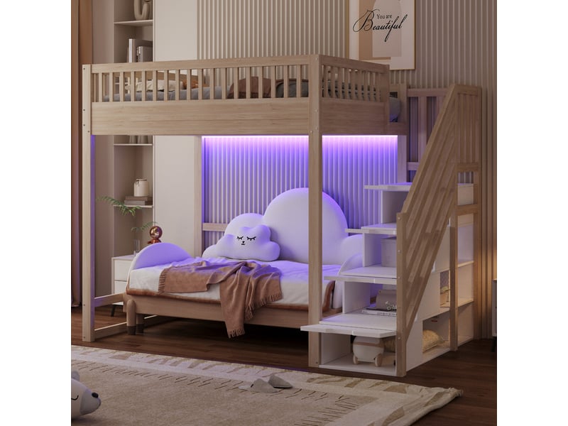Lit mezzanine 140 x 200 cm - avec échelle de sécurité - avec barrières de sécurité - équipé de lumières led - naturel (matelas non inclus)  - Conforama R