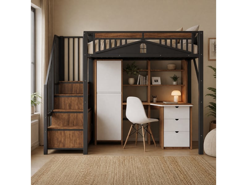  Lit mezzanine 90x200 cm rangement et escalier en métal et bois noir  - Conforama B
