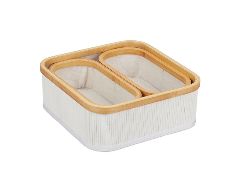  Lot de 3 paniers de rangement empilables salle de bain design décoratif 35 x 25 x 25 cm en bambou blanc 13_0011703  - Conforama A