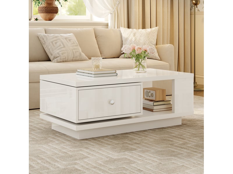  Table basse avec tiroir pivotant, niche ouverte et poignée métal, finition brillante blanche pour salon en mdf  - Conforama E