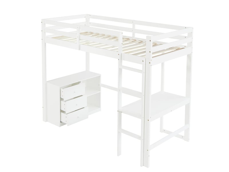  Lit mezzanine enfant 90x200 cm – blanc – bureau, rangement et échelle à 4 marches – sans matelas  - Conforama D