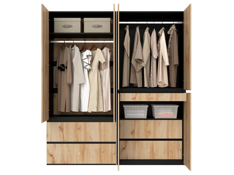  Armoire 6 portes avec 2 tringles et 5 tiroirs, décor chêne artisan et blanc, pour chambre 180 × 50 × 200 cm  - Conforama E
