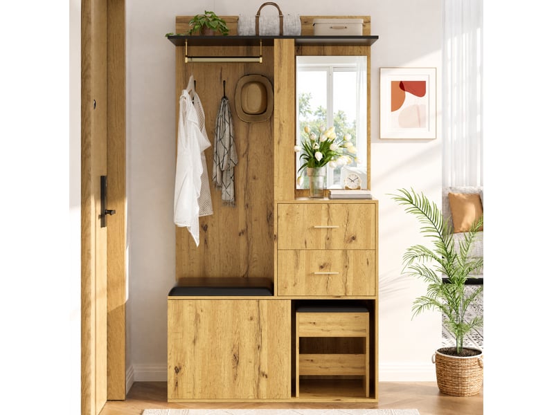  Meuble d’entrée avec miroir, éclairage led réglable par application, penderie, banc à chaussures et rangement  - Conforama B