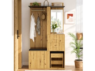 Meuble d’entrée avec miroir, éclairage led réglable par application, penderie, banc à chaussures et rangement